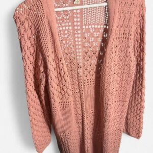 Hippie Rose Pink Crochet Open Front Duster Cardigan Sweater Long Sleeve M